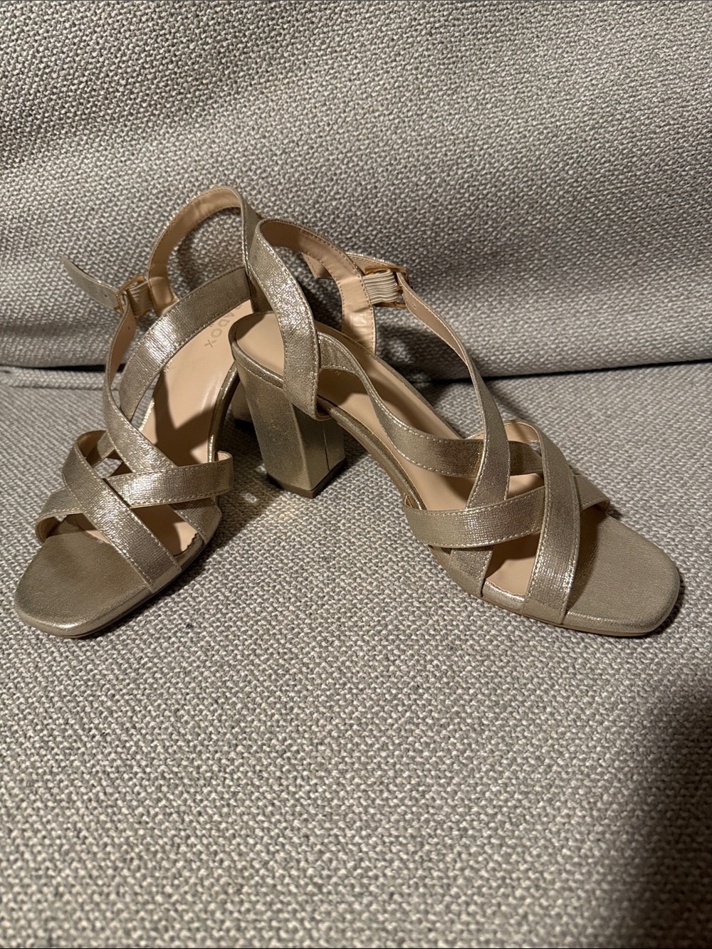 Paradox London Hilde Metallic Gold Cross-Strap Block Heels 8.5